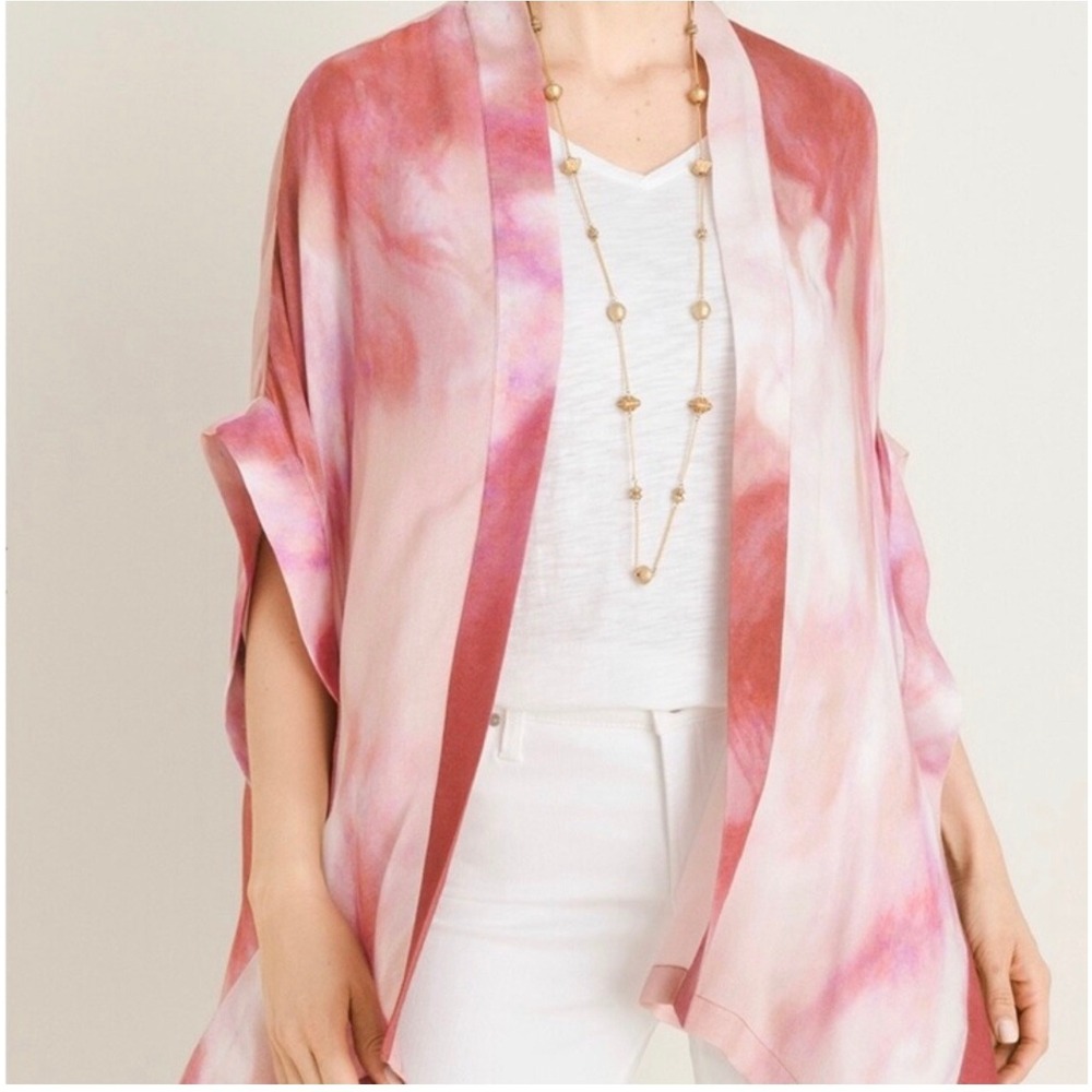 Chico's Soft Skys Printed Ruana Red Watercolor Kimono Cardigan L/XL‎ New Boho